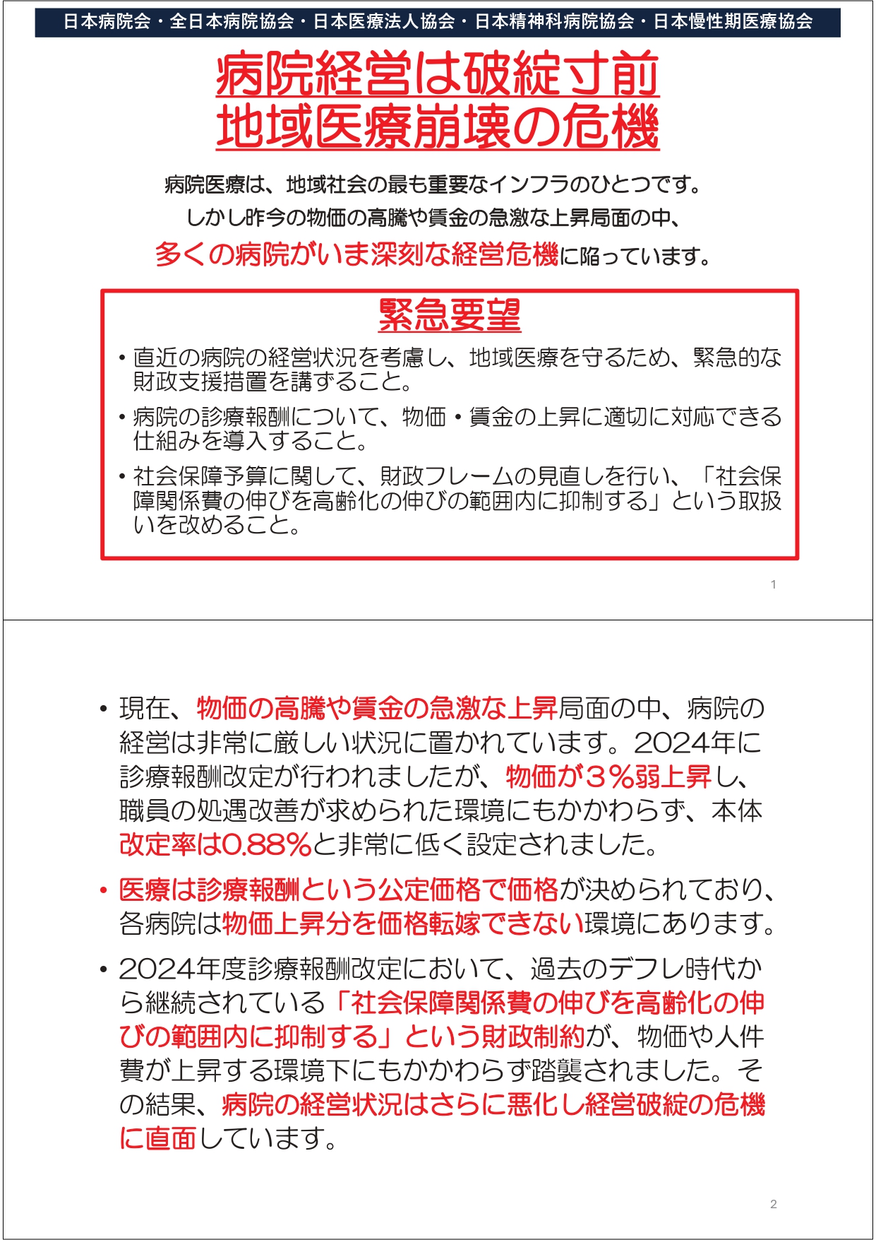 病院5団体合同緊急要望「病院経営は破綻寸前。地域医療崩壊の危機」（2025.01.23）